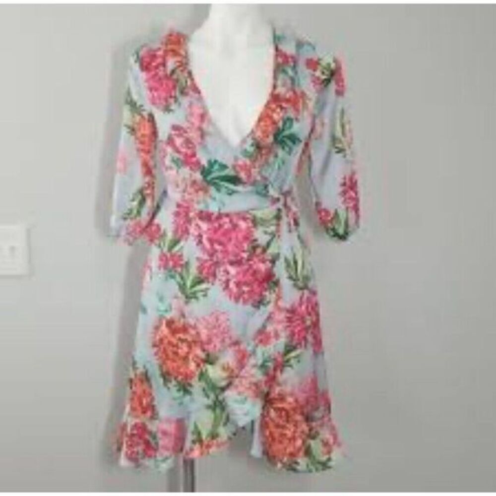 Ella Moon Floral Wrap Ruffled Hem and Trim Mini Dress size S Light Blue and Pink